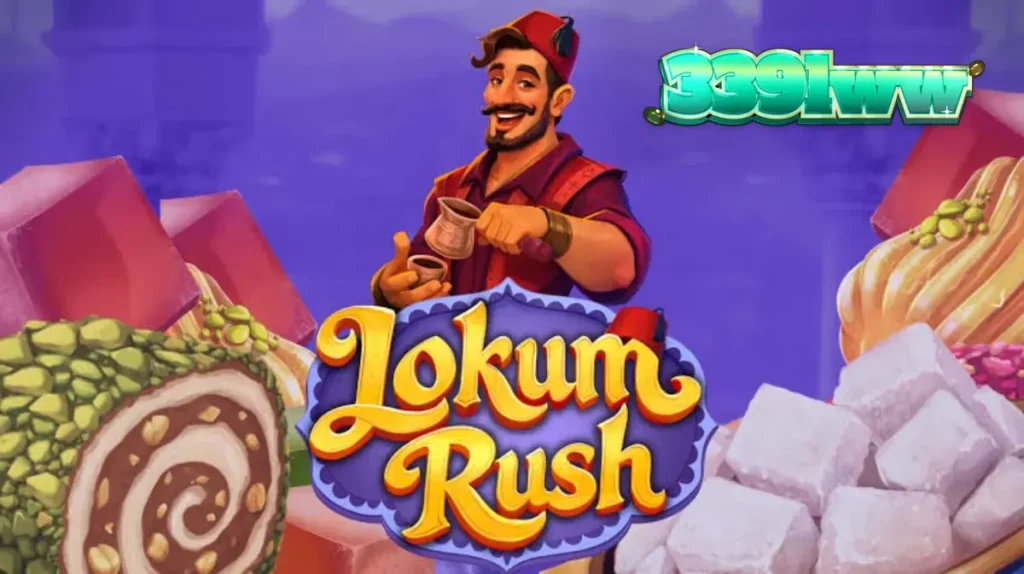 Tampilan visual slot Lokum Rush dengan tema toko manisan Turki yang penuh warna.